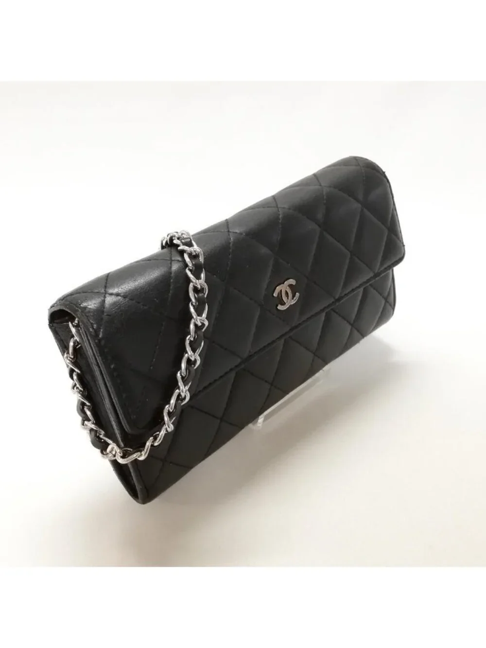 Chanel Lambskin Quilted Wallet Black Silver